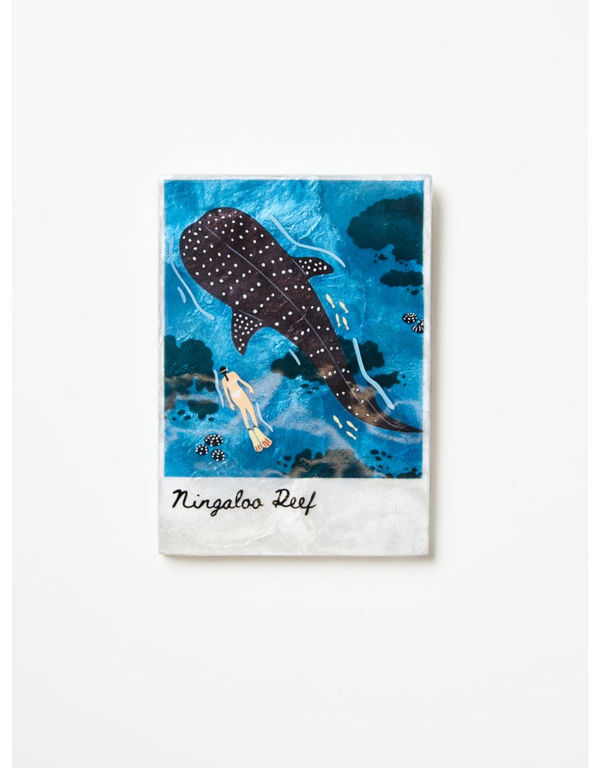 Jones & Co Snapshot Tile Ningaloo wall art featuring a vibrant coastal scene with coral reef and marine life in a colorful design.
