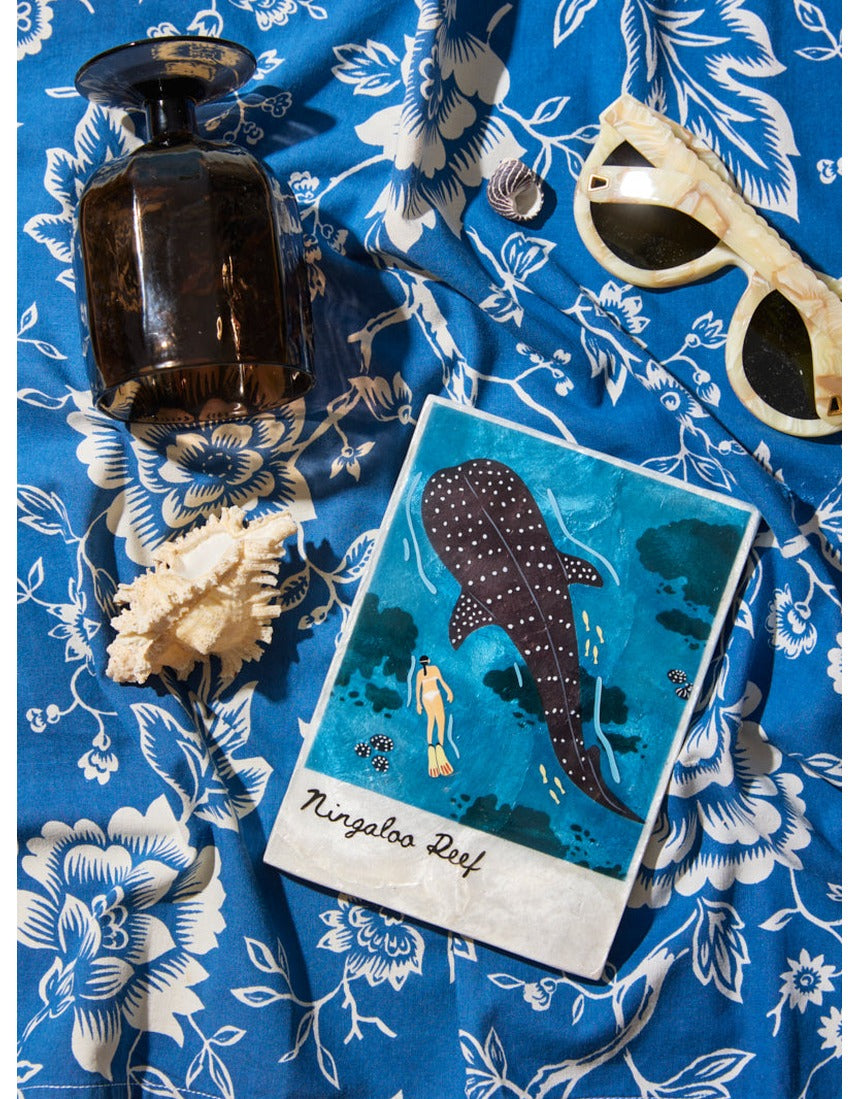 Jones & Co Snapshot Tile Ningaloo wall art featuring a vibrant coastal scene with coral reefs and marine life.