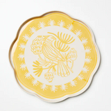 Jones & Co Del Sol bird-shaped ceramic platter in mustard yellow, featuring a detailed bird design.