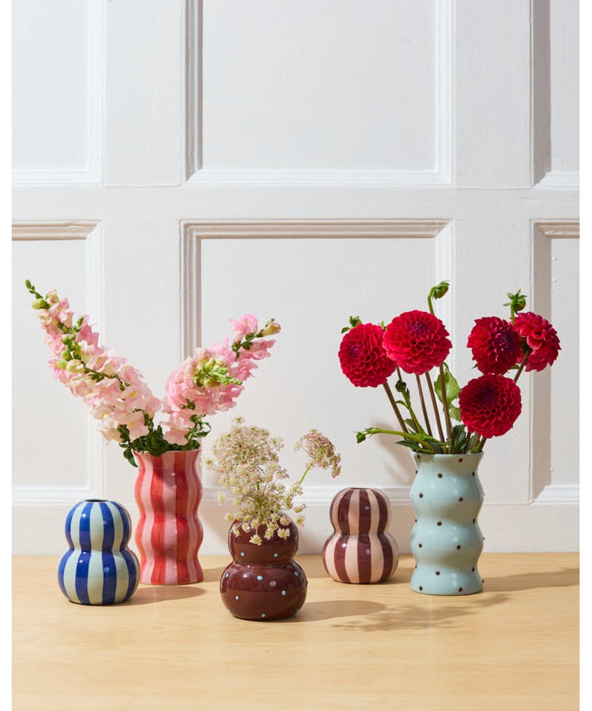 Jones & Co Fonda Vase in Burgundy Pink Stripe with a sleek, modern design and vibrant striped pattern.
