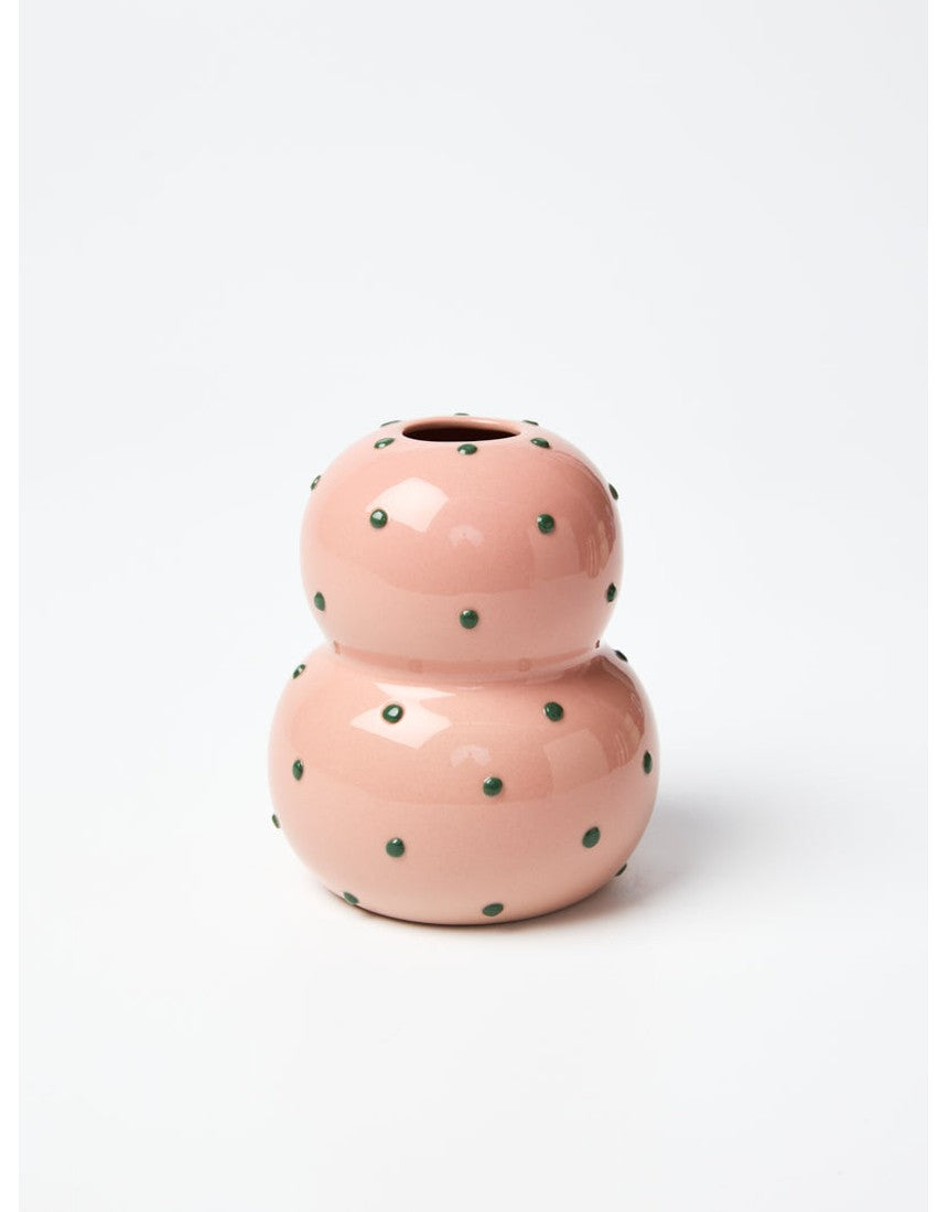 Jones & Co Fonda Vase in pink and green dotty design, showcasing a stylish ceramic vase with colorful pattern.