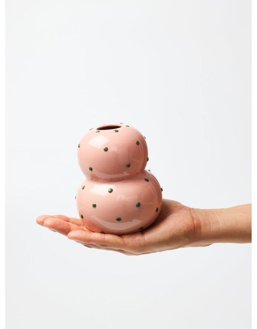 Jones & Co Fonda Vase in pink and green with a playful dotty pattern, showcasing a stylish ceramic design.