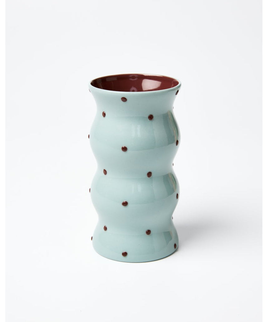 Jones & Co Palma Vase in blue and brown with a dotty pattern, featuring a stylish ceramic design and rounded shape.