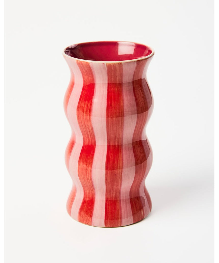 Jones & Co Palma Vase in red and pink stripe with a sleek, modern design, perfect for floral arrangements and decorative displays.