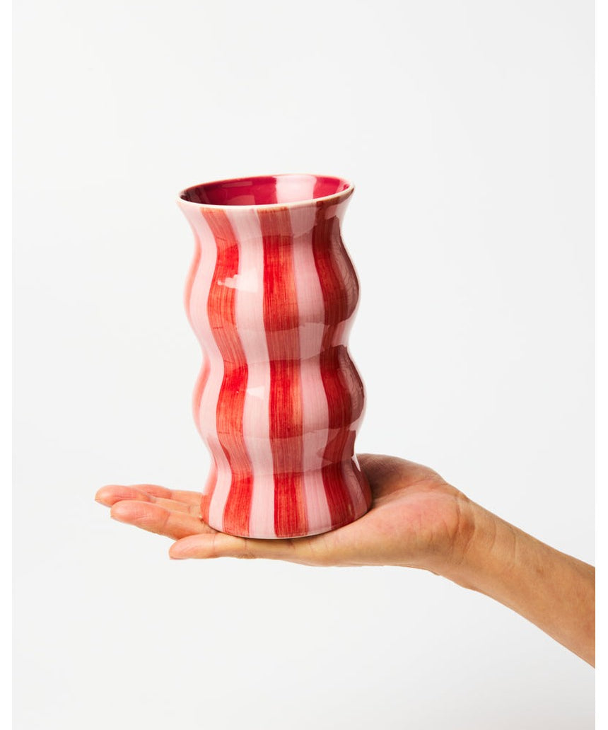 Jones & Co Palma Vase with red and pink striped ceramic design, featuring a sleek, modern shape and glossy finish.