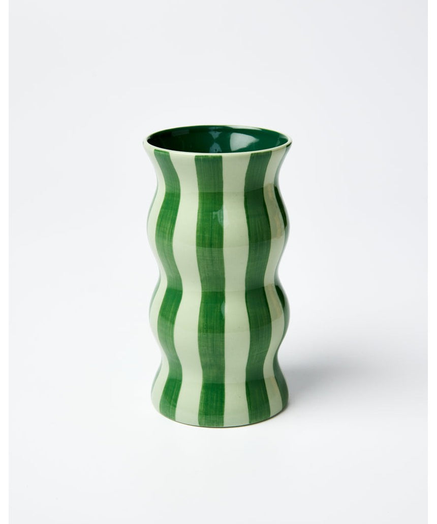 Jones & Co Palma Vase with tonal green stripe design, showcasing a stylish ceramic vase with a modern striped pattern.
