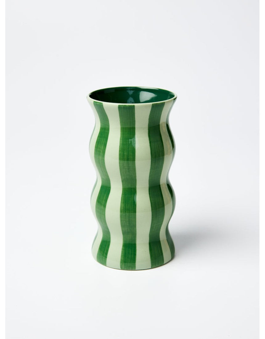 Jones & Co Palma Vase with tonal green stripe design, showcasing a stylish ceramic vase with a modern striped pattern.