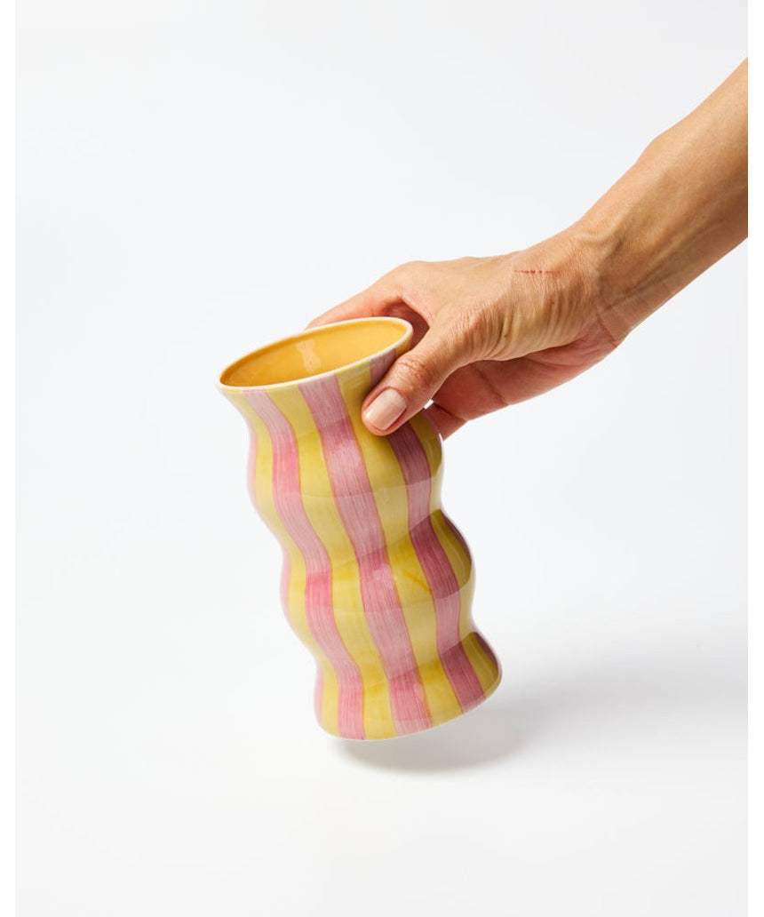 Jones & Co Palma Vase with yellow and pink stripe design, showcasing a stylish ceramic vase with vibrant colors.
