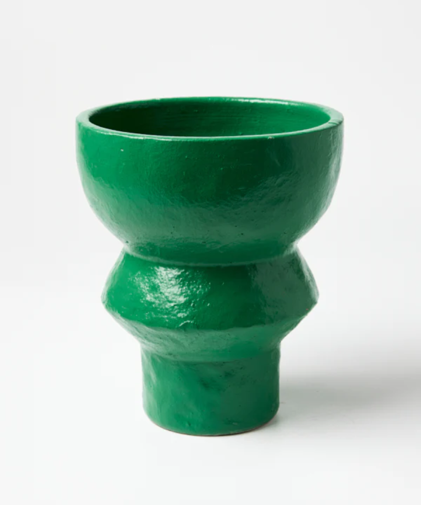Jones & Co Berowra Pedestal Leaf pot, a decorative vase with a pedestal base, featuring a leaf pattern in neutral tones.