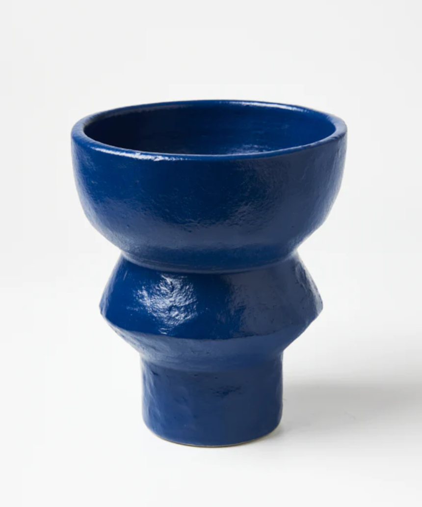 Jones & Co Berowra Pedestal Sea pot, a decorative ceramic vase with a coastal blue glaze and pedestal base.