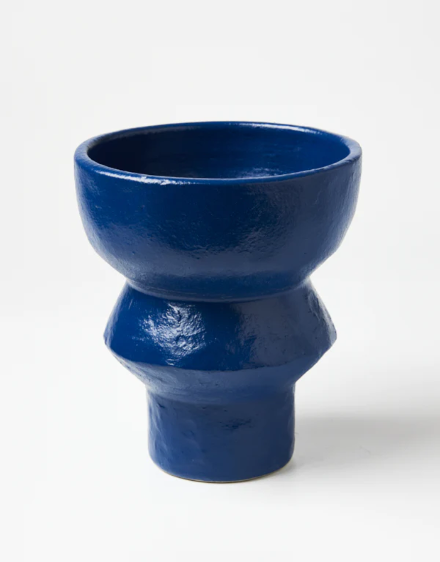 Jones & Co Berowra Pedestal Sea pot, a decorative ceramic vase with a coastal blue glaze and pedestal base.