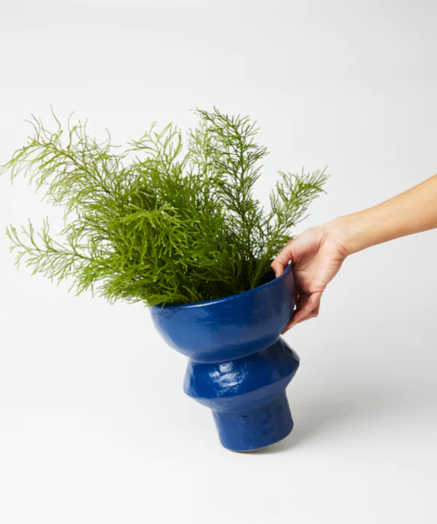 Jones & Co Berowra Pedestal Sea ceramic pot, decorative vase with a textured blue and white coastal design.