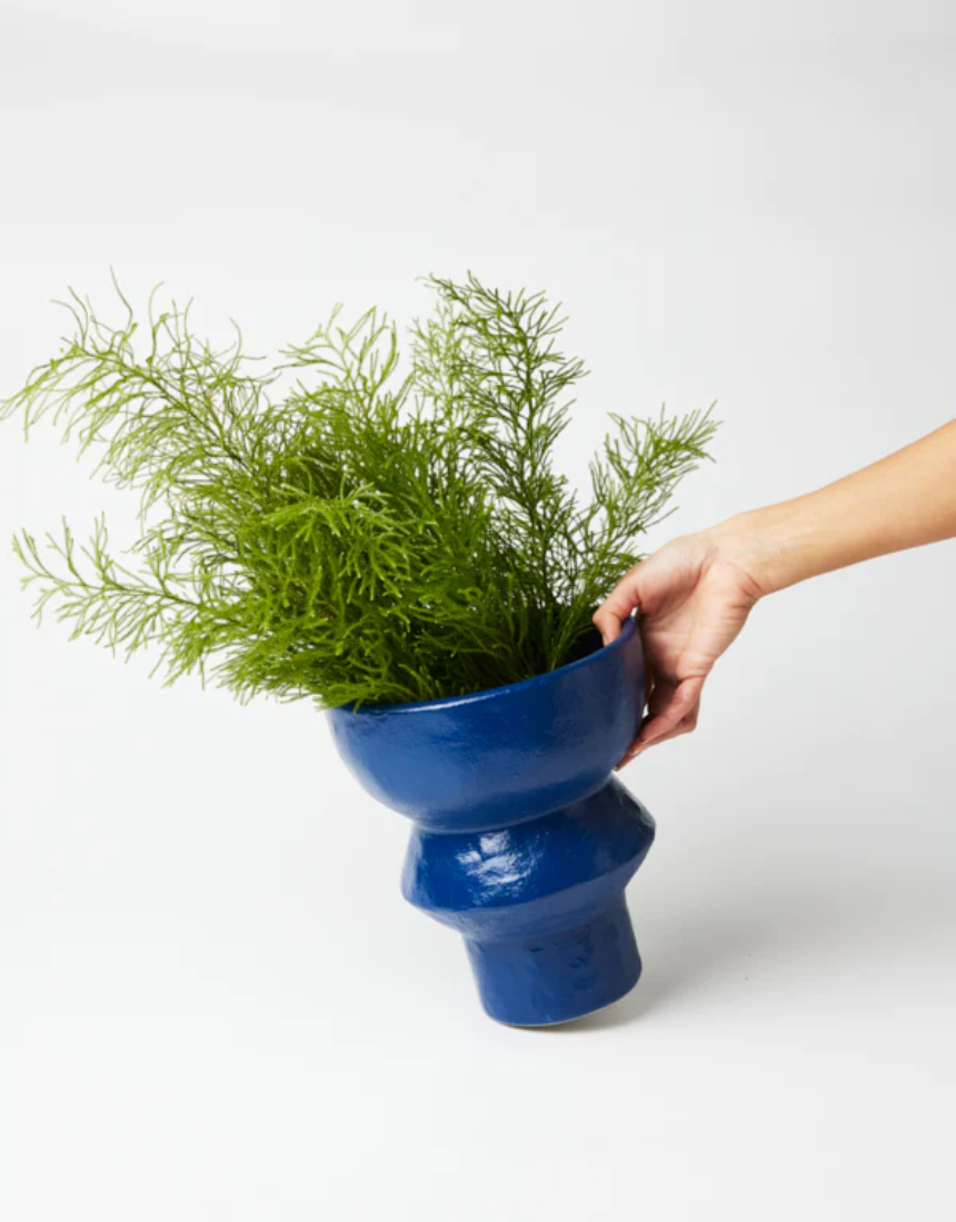 Jones & Co Berowra Pedestal Sea ceramic pot, decorative vase with a textured blue and white coastal design.