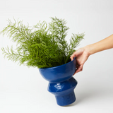 Jones & Co Berowra Pedestal Sea ceramic pot, decorative vase with a textured blue and white coastal design.