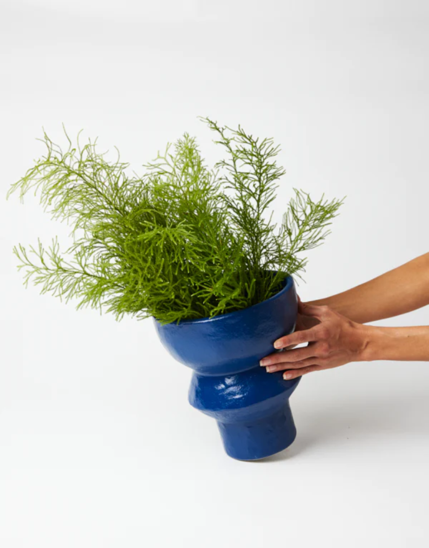 Jones & Co Berowra Pedestal Sea pot, ceramic vase with a textured blue and green glaze, ideal for decorative floral arrangements.