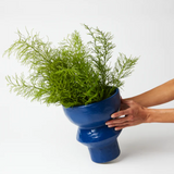 Jones & Co Berowra Pedestal Sea pot, ceramic vase with a textured blue and green glaze, ideal for decorative floral arrangements.
