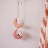 Jones & Co Luna Clay Hanging Vase showing a round, textured clay vase with a hanging rope detail.
