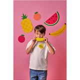 Wooden fruit harmonica by isAlbi, designed for kids, showing colorful wooden keys and playful fruit-themed decorations.