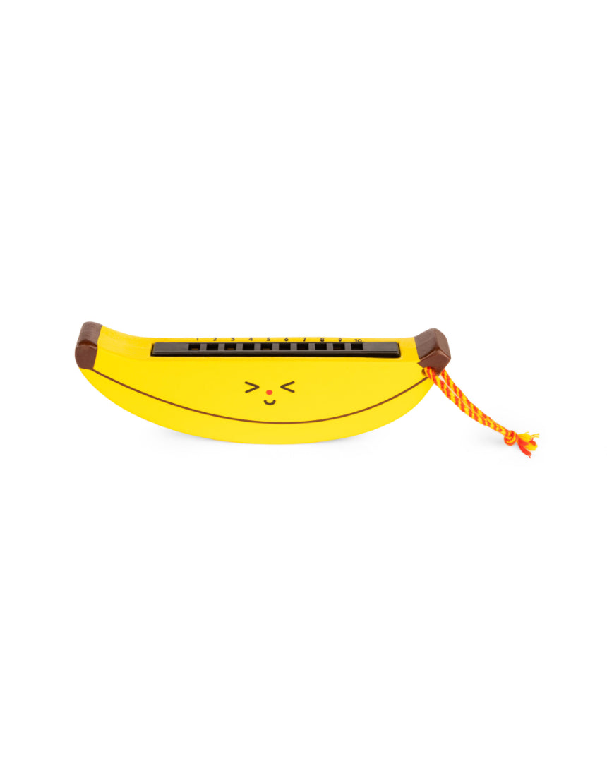 Wooden fruit harmonica by isAlbi for kids, showing colorful wooden fruit-shaped musical instrument with playful design.