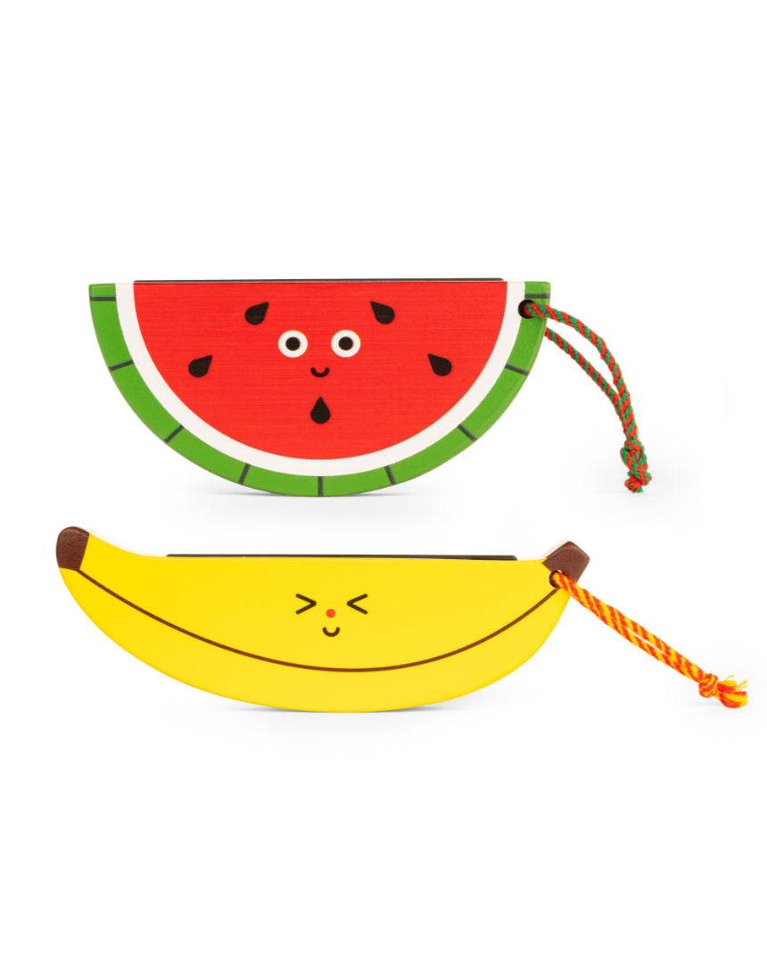 Wooden fruit harmonica by isAlbi, small handheld musical instrument with colorful fruit-shaped design for kids' play and music fun.