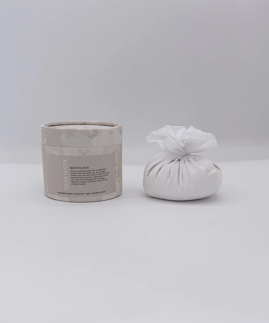 Kind Bod Bath Cloud in a sleek container, showcasing the relaxing skincare product with soft, cloud-like texture for soothing bath rituals.