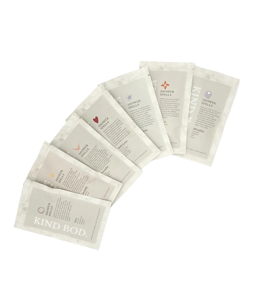 Kind Bod Shower Spell Discovery Set with bath additives and shower bombs, featuring Zen-inspired scents and relaxing bath products.