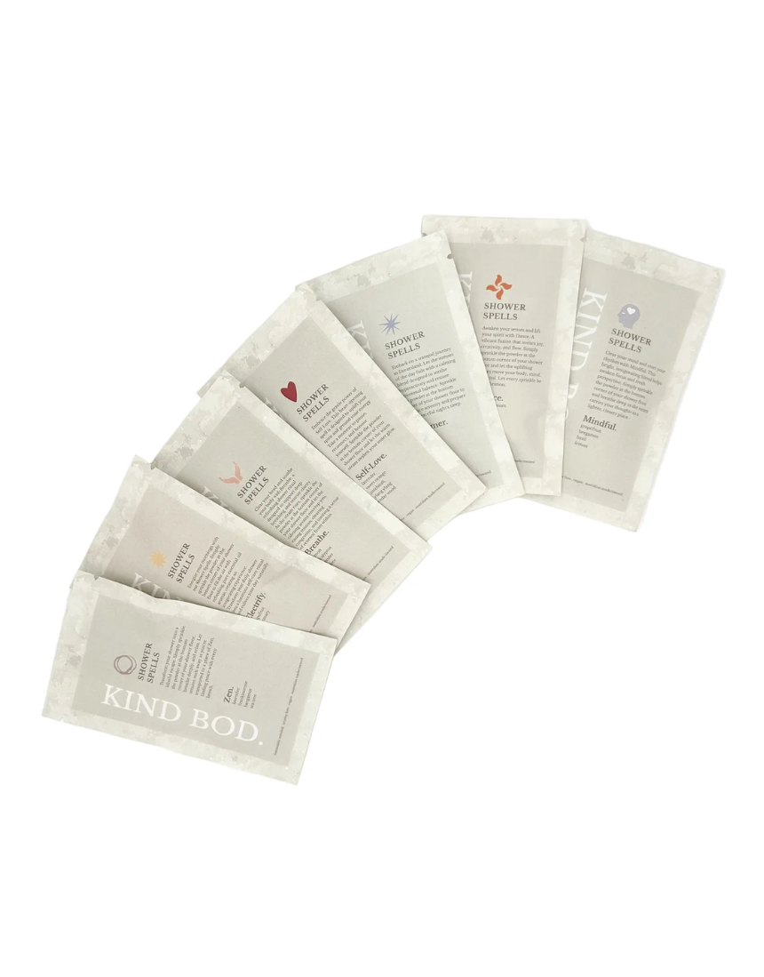 Kind Bod Shower Spell Discovery Set with bath additives and shower bombs, featuring Zen-inspired scents and relaxing bath products.