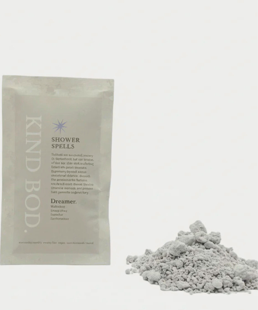 Kind Bod Shower Spells shower bomb with calming Zen scent, displayed in clear plastic packaging on a white background.