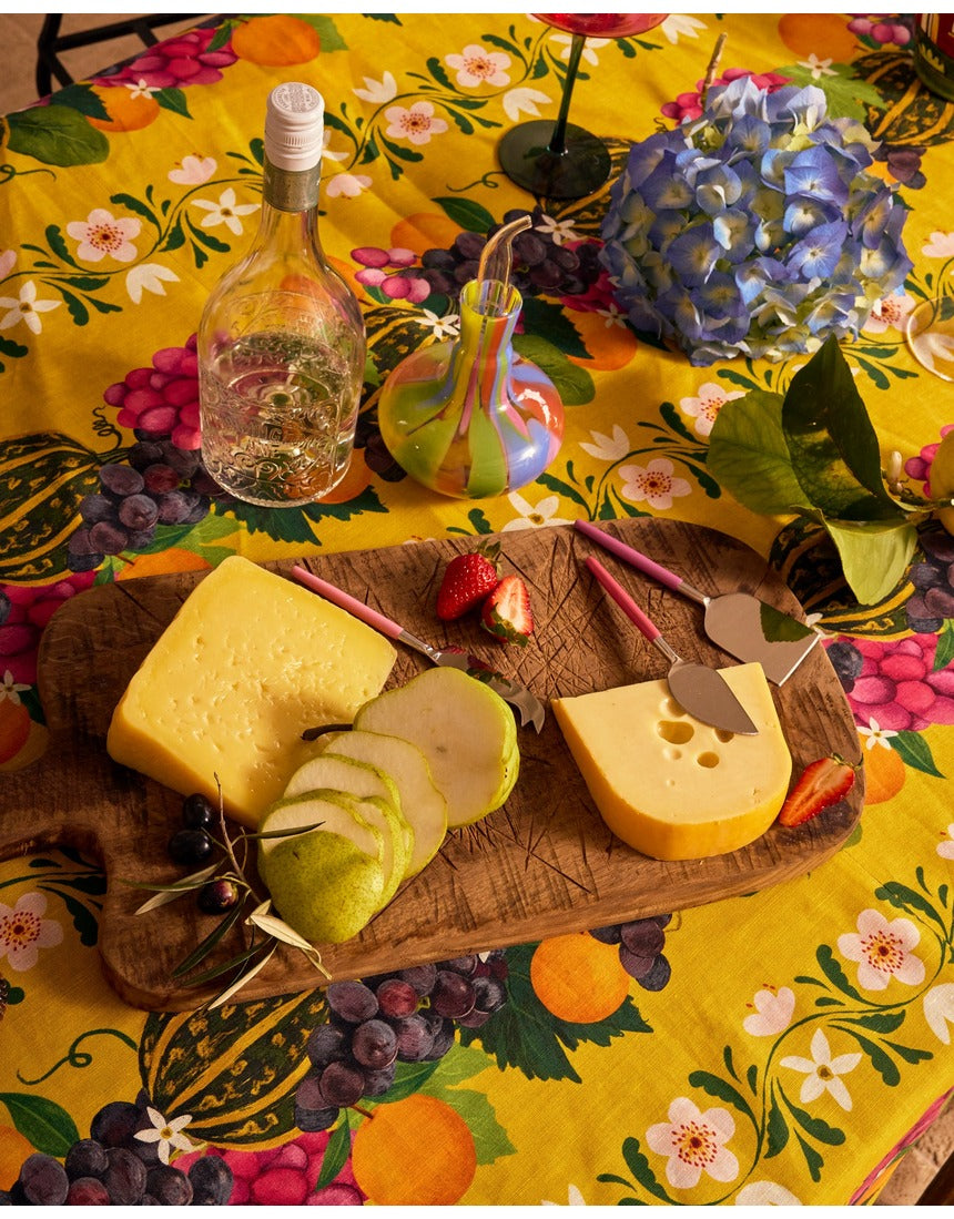 Kip&Co cheese knife set with multiple utensils featuring colorful handles for cheese serving and cutting.