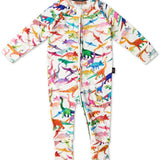 Kip & Co Dino Max white organic long sleeve zip romper for babies, featuring playful dinosaur print and cozy fabric.