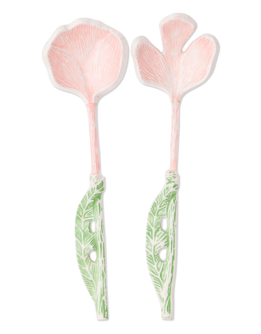 Kip & Co floral salad servers set with colorful, patterned cutlery for serving salads in a vibrant, decorative style.