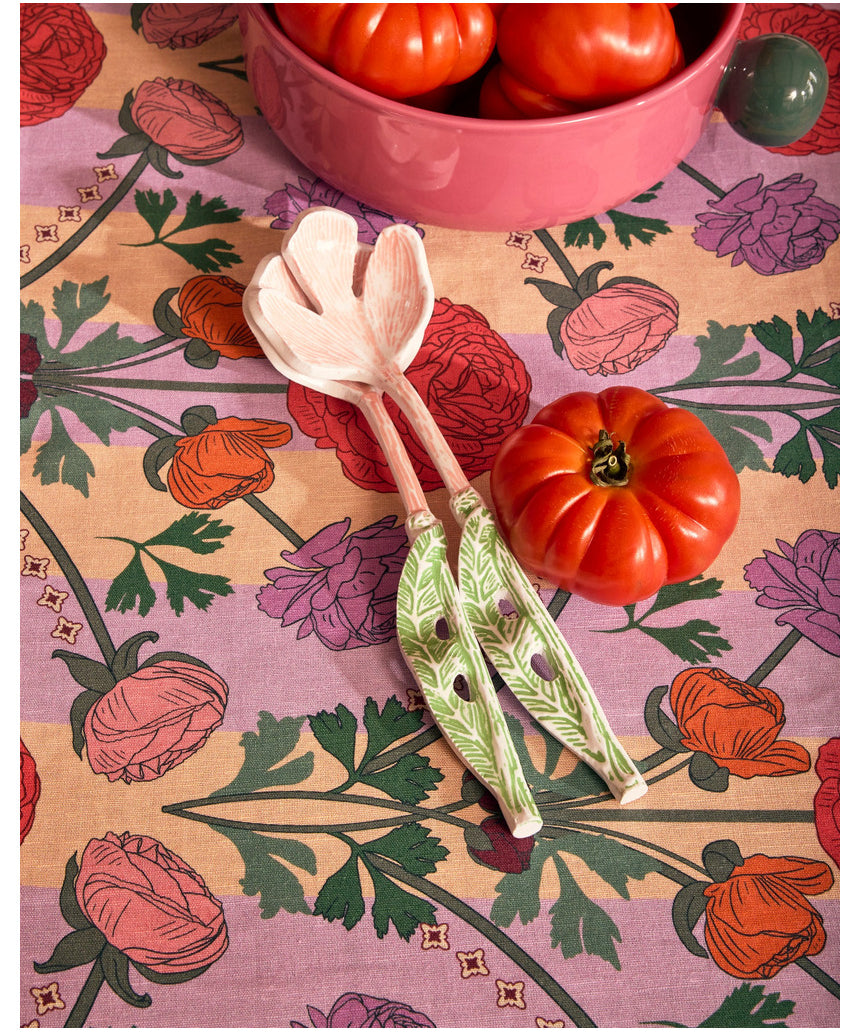Kip & Co floral salad servers set with colorful floral-patterned cutlery for serving salads in a vibrant, decorative style.