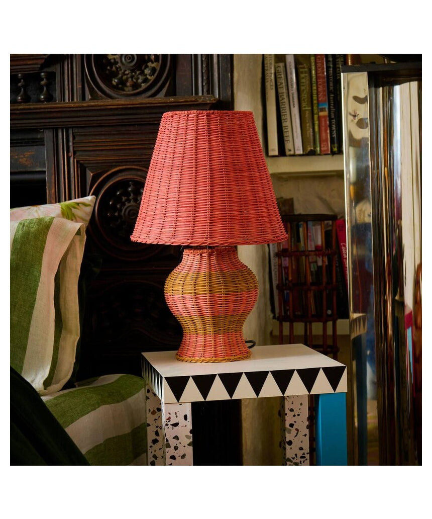 Kip & Co Guava Stripe Le Parisian Rattan Table Lamp with woven rattan shade and striped fabric, stylish home decor lighting