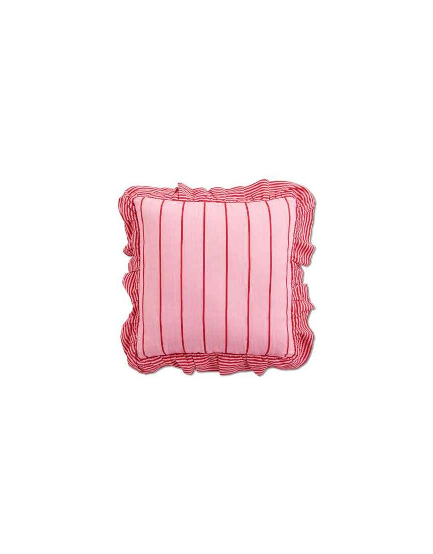 Kip & Co Iced Vovo Stripe Frill Upholstery Cushion with colorful striped fabric and decorative frill detail.