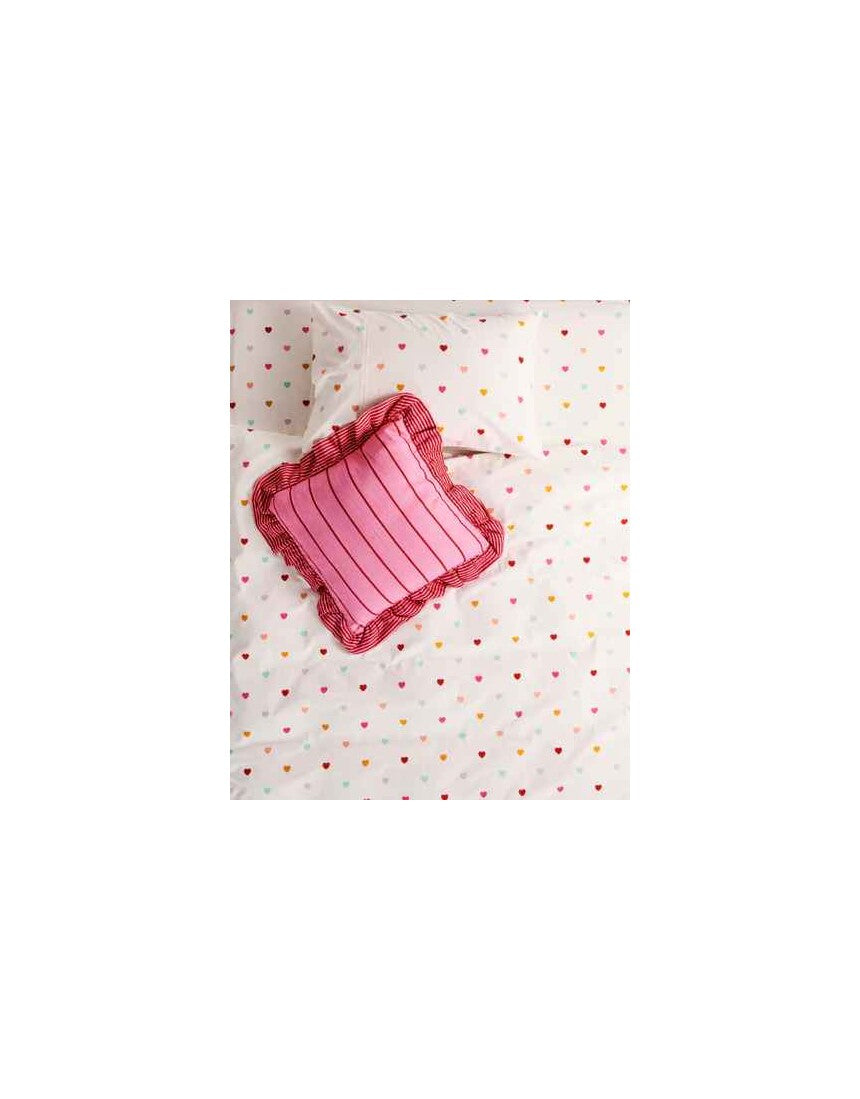 Kip & Co Iced Vovo Stripe Frill Upholstery Cushion with colorful striped fabric and decorative frill detail.