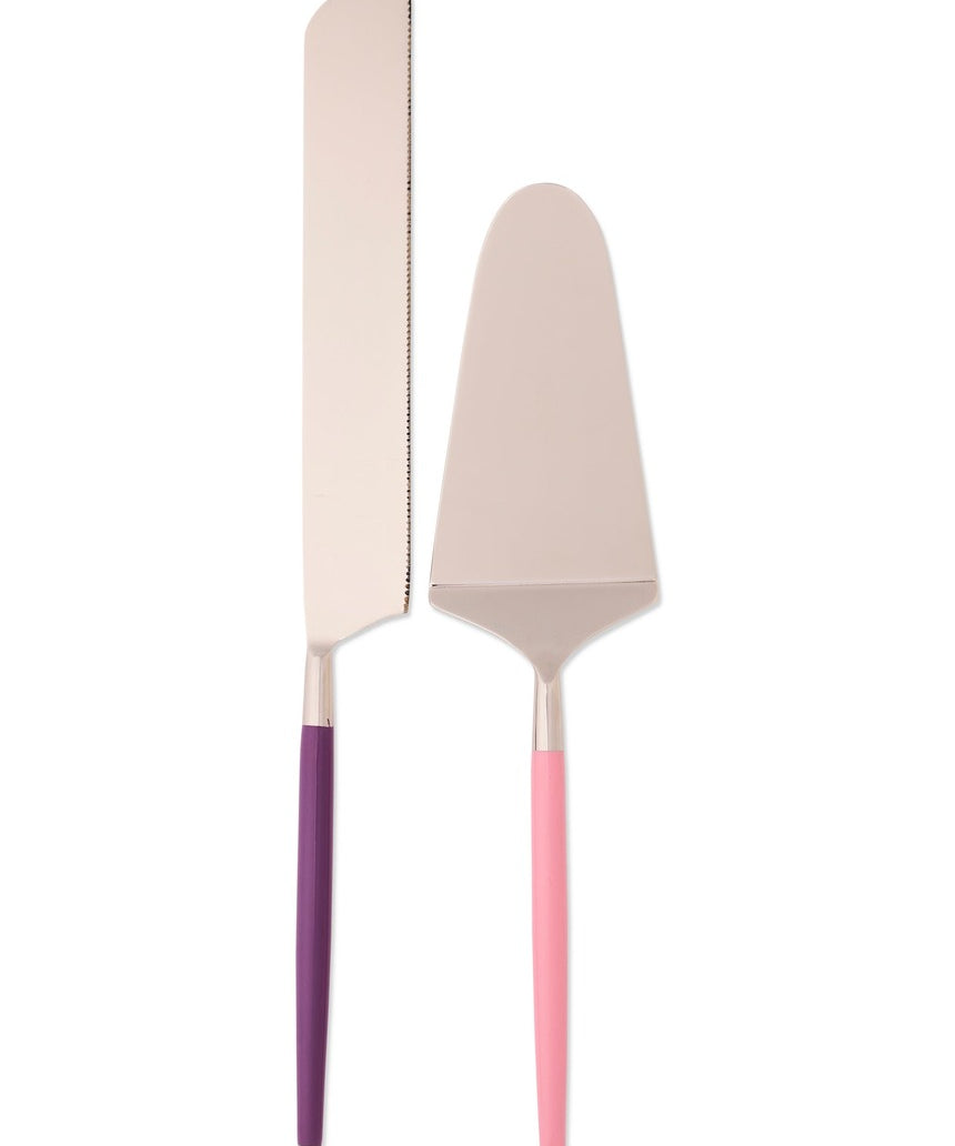 Kip&Co Cake Knife and Server Set in Diner Radiance with colorful, patterned handles and stainless steel blades.