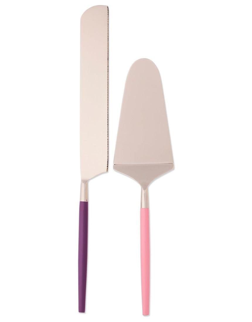 Kip&Co Cake Knife and Server Set in Diner Radiance with colorful, patterned handles and stainless steel blades.
