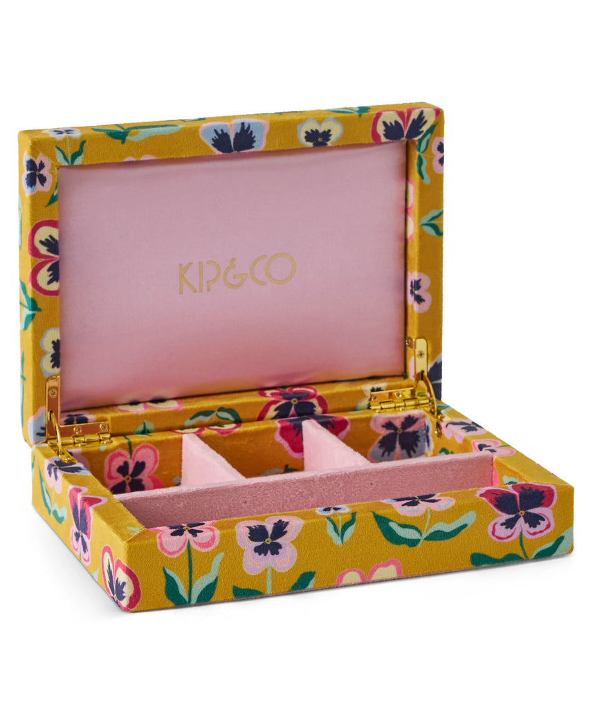 Small velvet jewellery box by Kip & Co with a Pretty Pansy floral design, perfect for storing rings and small accessories.