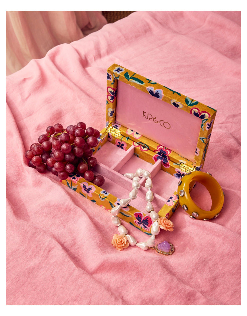 Small Kip & Co Pretty Pansy velvet jewellery box with floral pattern and soft interior for storing jewelry accessories.