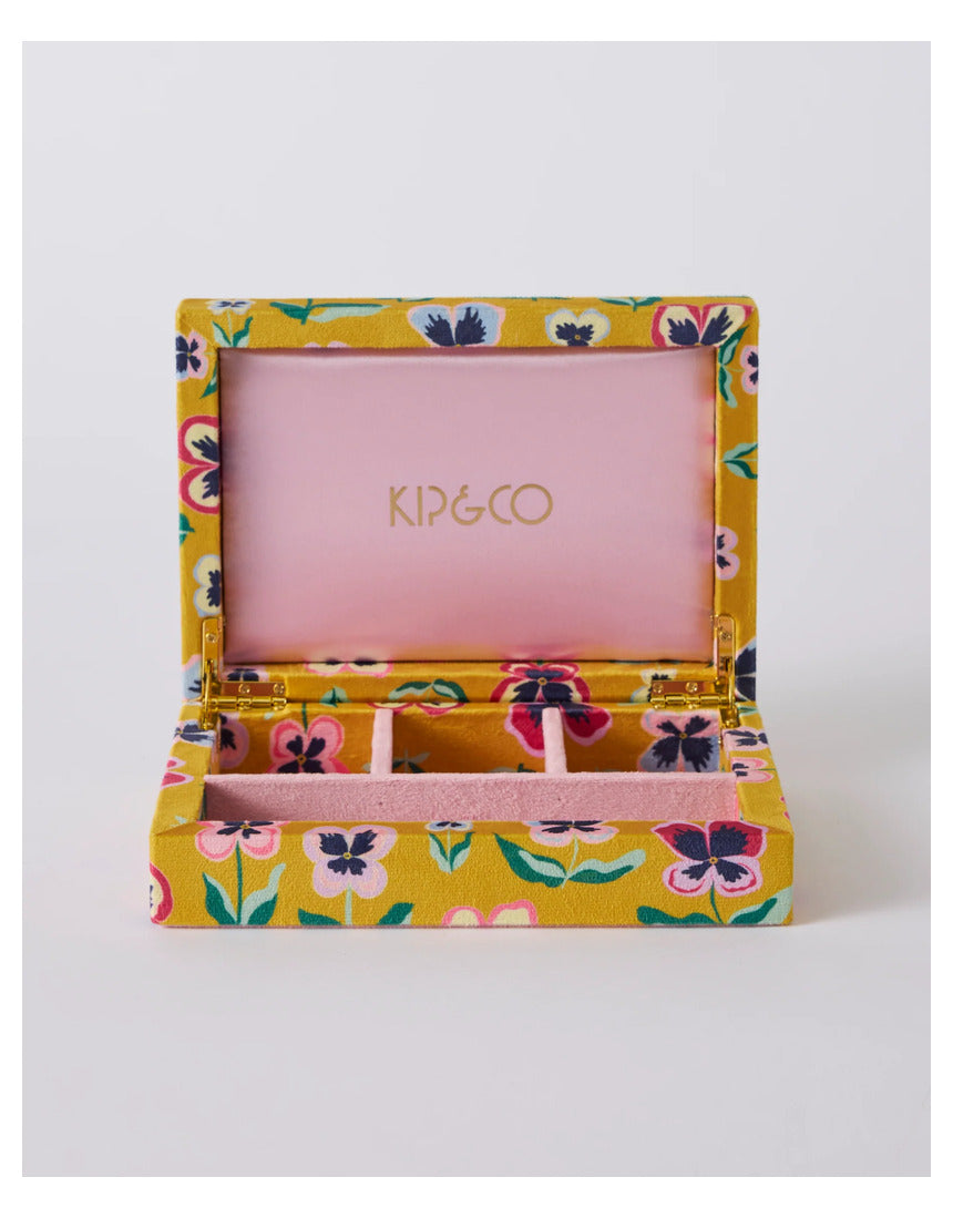 Small Kip & Co Pretty Pansy velvet jewellery box with floral design and cushioned interior for storing rings and necklaces.