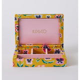 Small Kip & Co Pretty Pansy velvet jewellery box with floral design and cushioned interior for storing rings and necklaces.