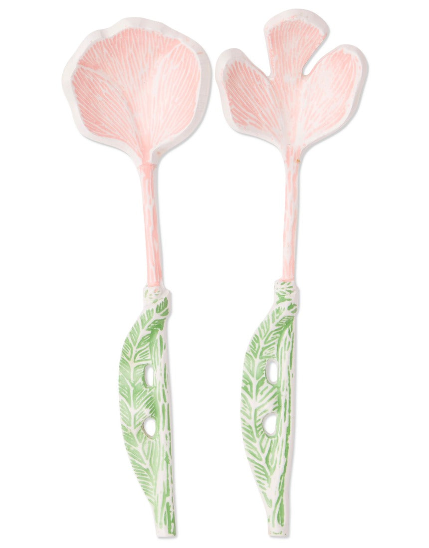 Kip&Co floral salad servers set with wooden handles and colorful floral patterned stainless steel blades.