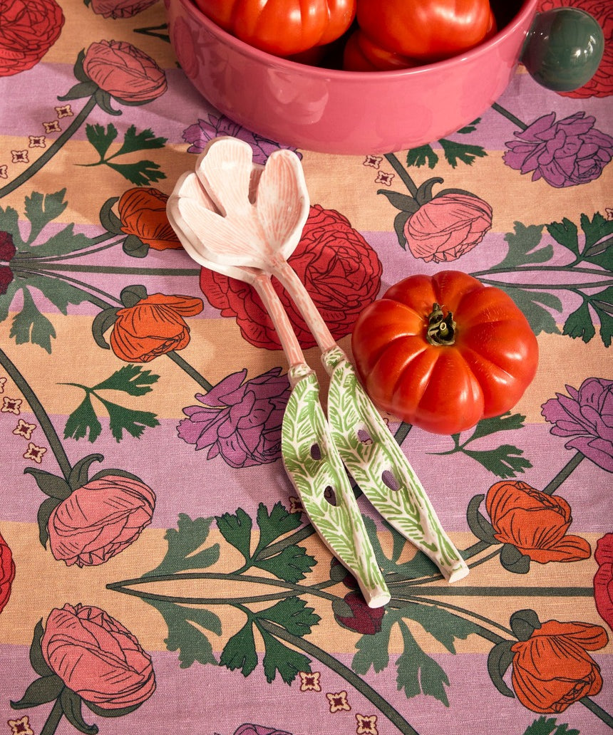 Kip&Co floral salad servers set with wooden handles and colorful floral design, perfect for serving salads in a stylish way.