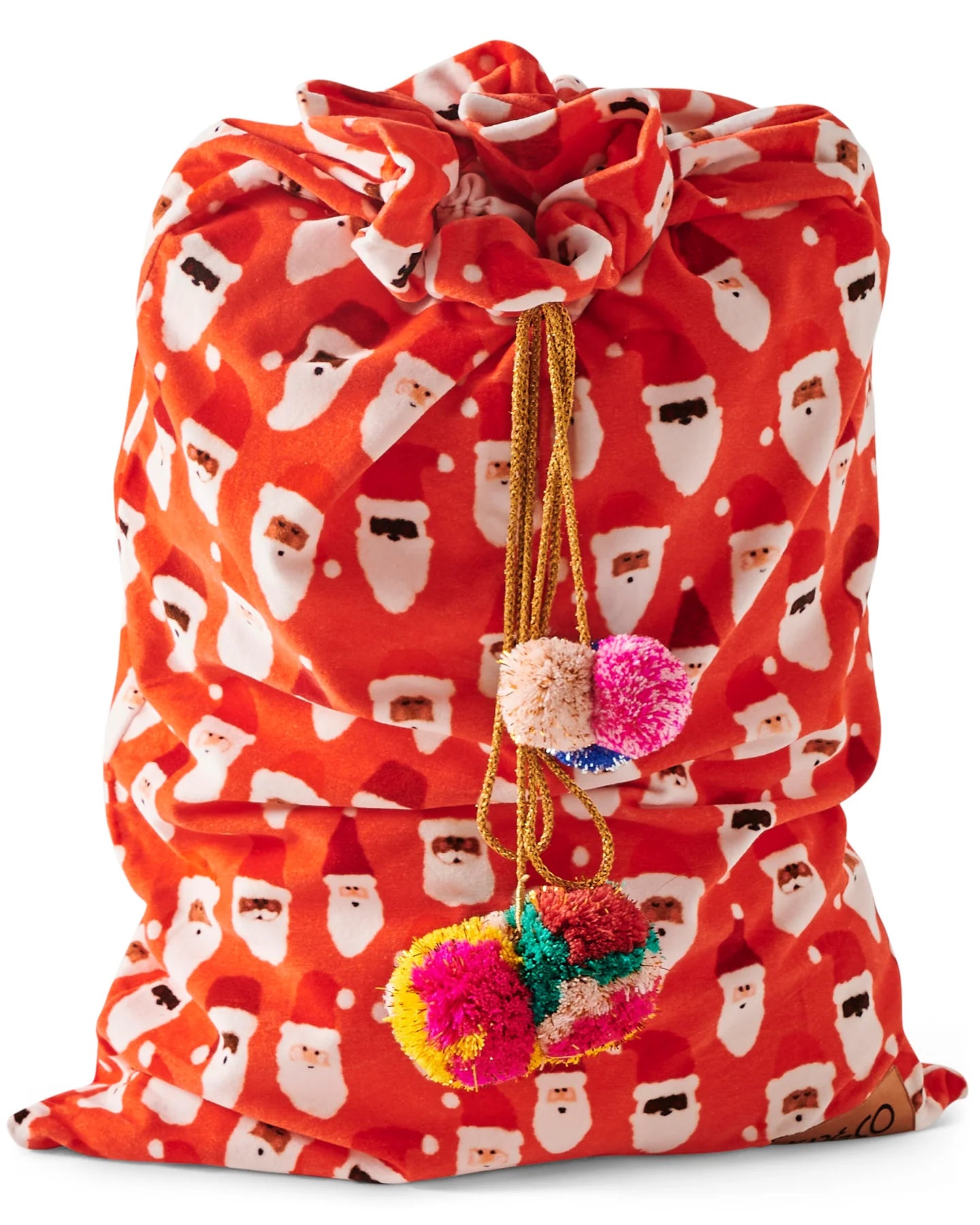 Kip & Co HoHoHo red velvet Santa Sack with white festive lettering and plush drawstring closure for holiday gift giving.
