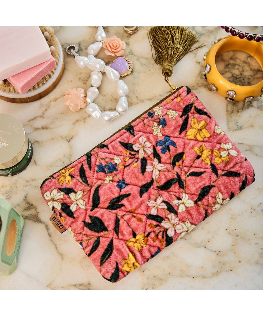 Kip&Co velvet cosmetics purse in Canopy Rose with a soft, plush fabric and compact design for makeup storage.