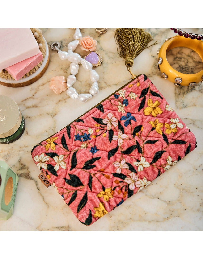 Kip&Co velvet cosmetics purse in Canopy Rose with a soft, plush fabric and compact design for makeup storage.