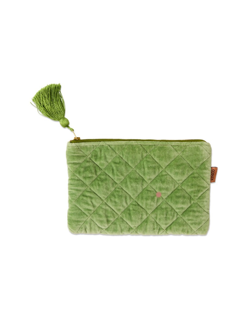 Kip&Co velvet cosmetics purse in Pesto color with a soft, plush texture and compact design for makeup and small essentials.