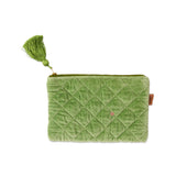 Kip&Co velvet cosmetics purse in Pesto color with a soft, plush texture and compact design for makeup and small essentials.