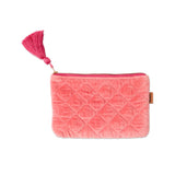 Kip&Co velvet cosmetics purse in strawberry color with a soft fabric exterior and zipper closure, perfect for storing beauty essentials.