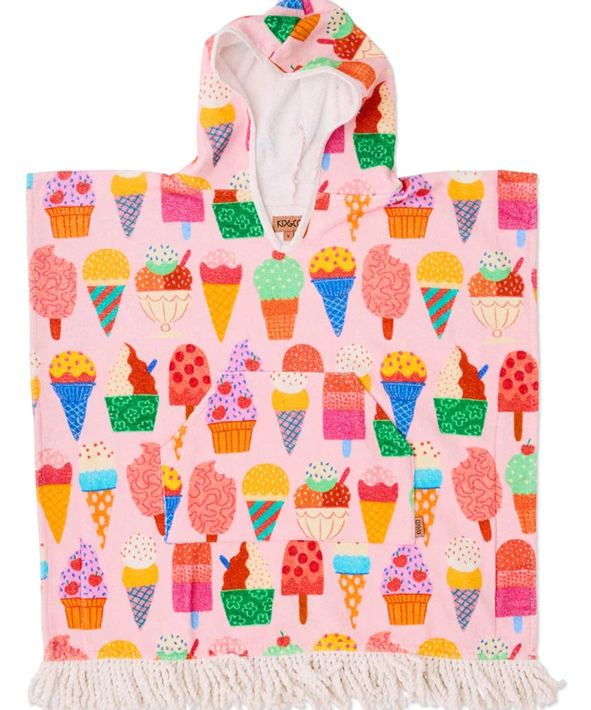 Kip&Co printed kids terry poncho in Gelato color with playful pattern, soft terry fabric, designed for children.